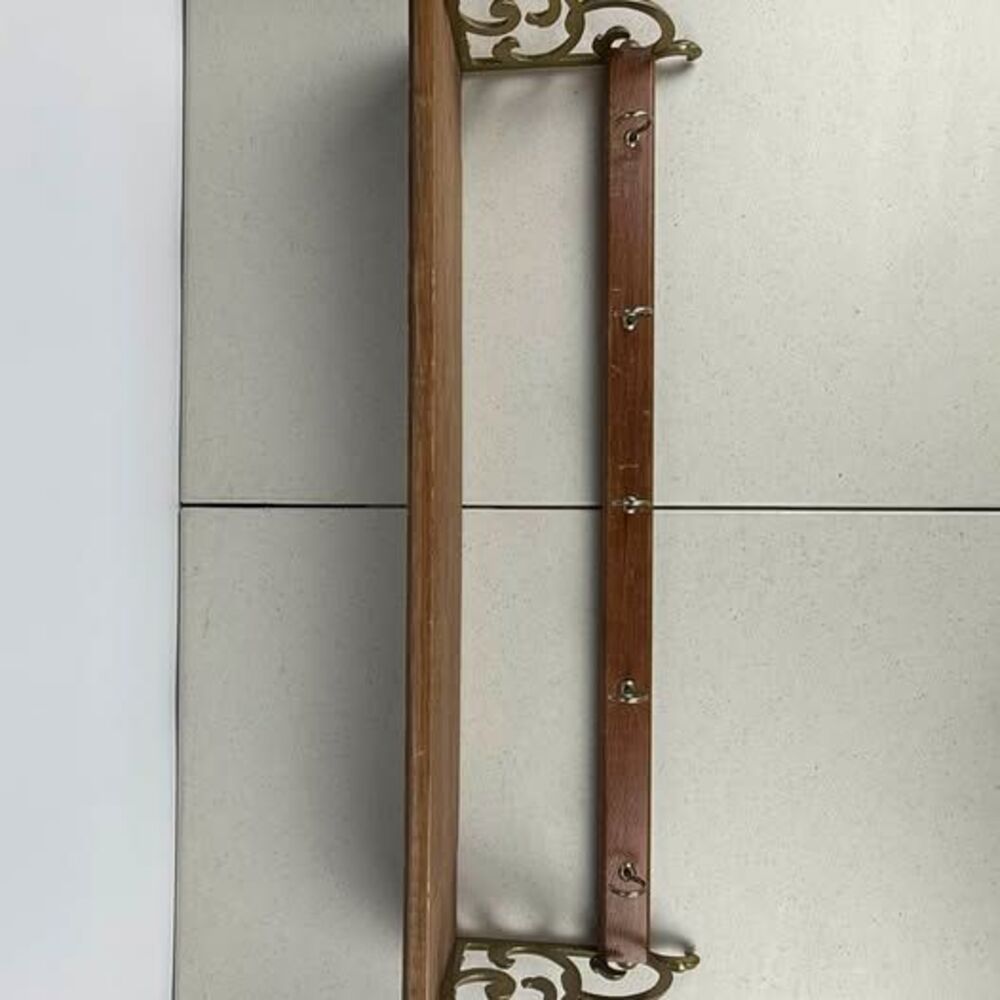 Vintage Wood and Brass Wall Shelf with Hooks